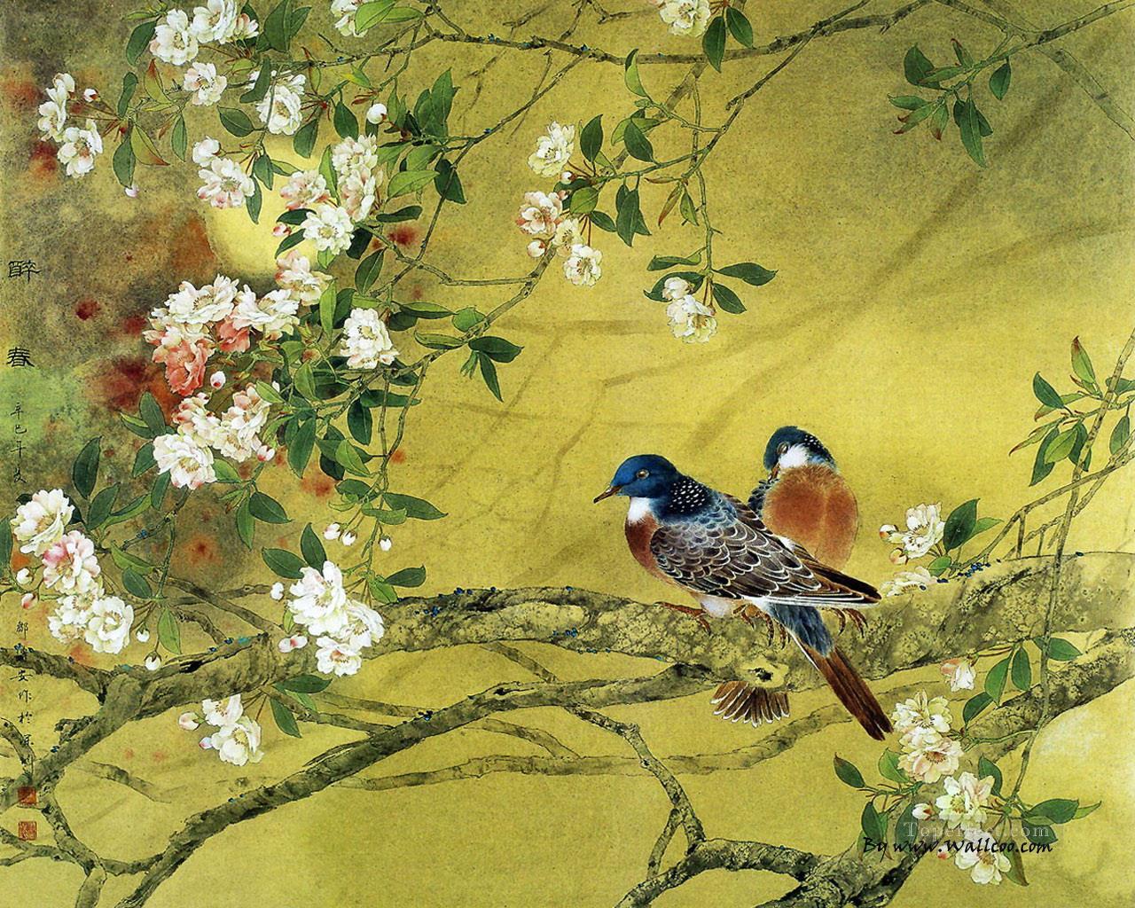 Chinese painting bird flower drunk in Spring Oil Paintings
